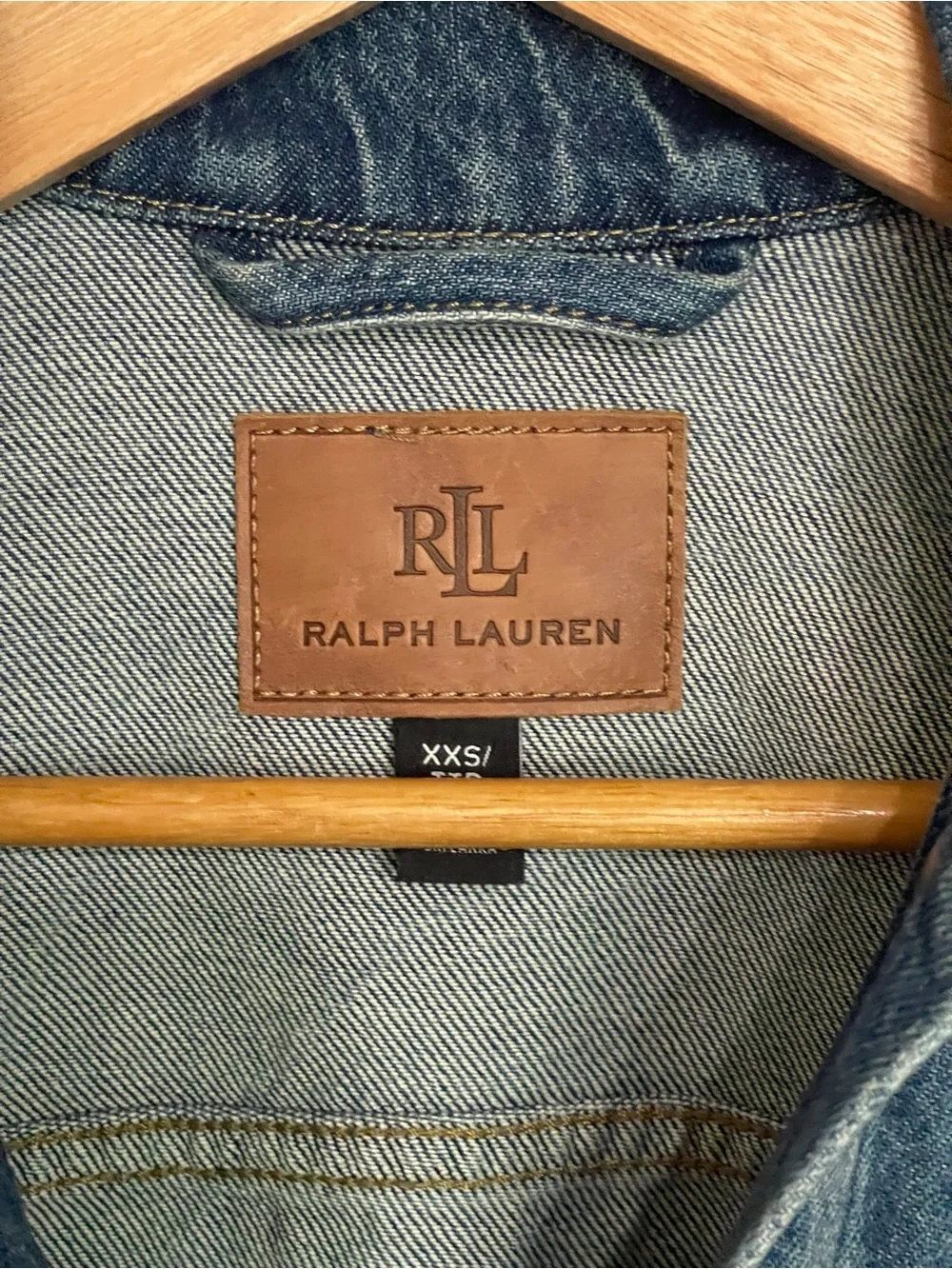 RALPH LAUREN Womens Patchwork Big Logo Denim Jacket Blue XXS Crop Distressed - Picture 7 of 10